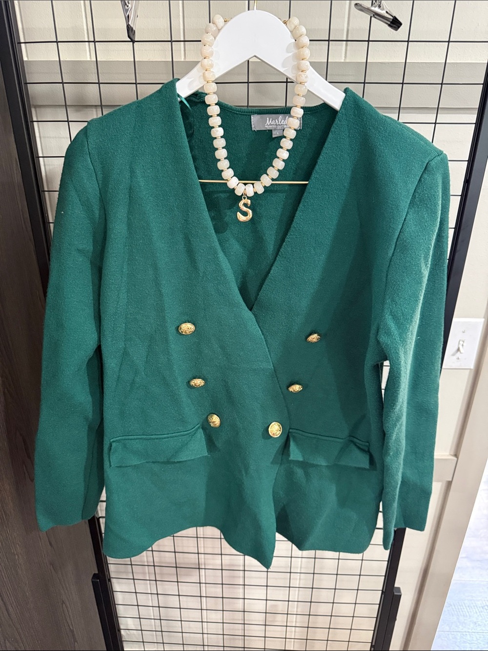 Marled Emerald Green Double-Breasted Blazer with Gold Buttons